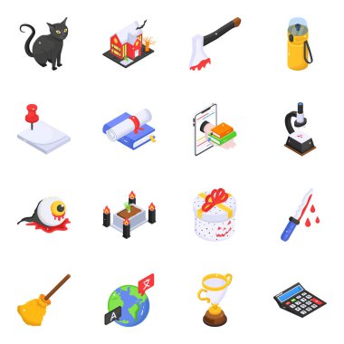 Okul ve Cadılar Bayramı Isometric Simgeleri