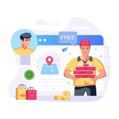 Teslimat hizmeti kavramı. Kutuları ve akıllı telefonu olan bir kurye. vektör illüstrasyonu