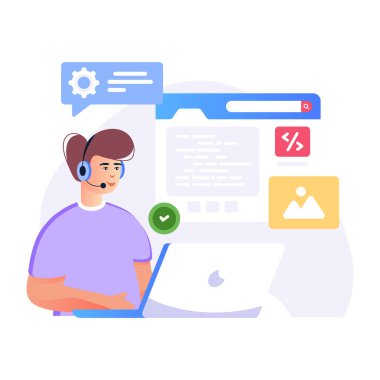 Dizüstü bilgisayarı ve konuşma kabarcığı çizimi olan adam