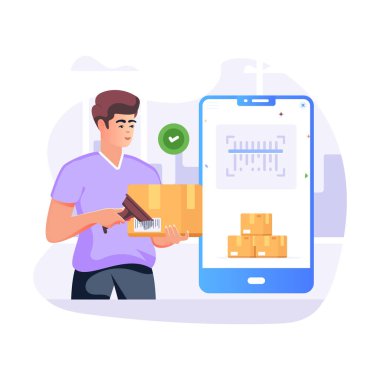 Kutuları olan teslimatçı ve akıllı telefon vektör illüstrasyon tasarımı