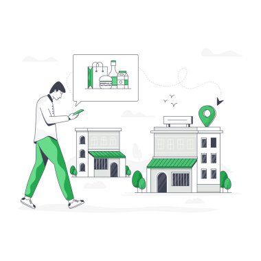 Genç adam internette telefonda alışveriş yapıyor. 