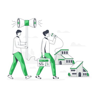 Yeşil bitkisi ve megafonu olan kadın ve erkek. vektör illüstrasyonu