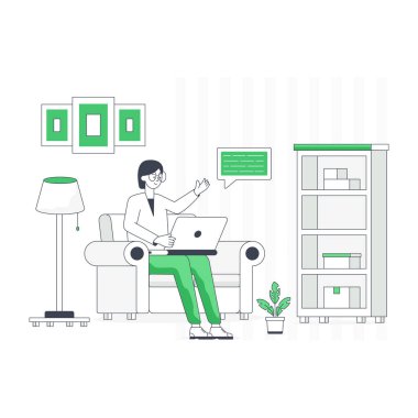 Adam dizüstü bilgisayar ve vektör illüstrasyonuyla çalışıyor