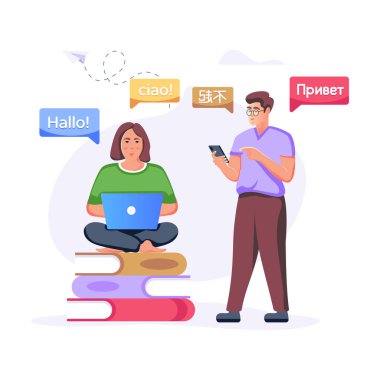 Dizüstü bilgisayarı ve elinde kitapları olan insanlar. vektör illüstrasyonu