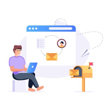 Dizüstü bilgisayarı ve e-posta vektör çizimi içeren zarfı olan adam