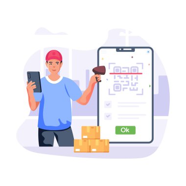 Akıllı telefon ve pano vektör illüstrasyon tasarımlı teslimatçı.