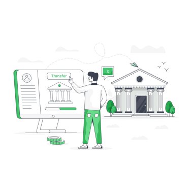 Tabletli bir adam ve beyaz arka planda evi olan bir laptop. vektör illüstrasyonu