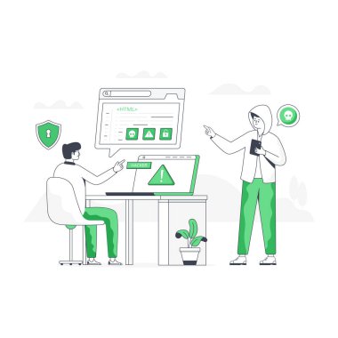 Dizüstü bilgisayarı ve elinde akıllı telefonu olan bir adam. vektör illüstrasyonu