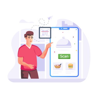 Akıllı telefonu olan ve fast food vektörü çizimi olan bir adam.