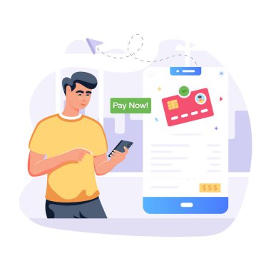 Akıllı telefonu olan ve online sohbet vektörü illüstrasyonu olan bir adam