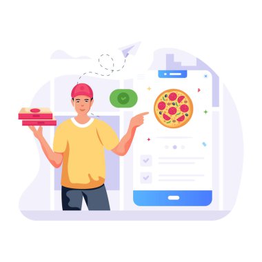 Pizza ve yemek vektörü çizimi olan genç bir adam.