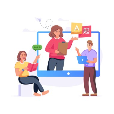 Dizüstü bilgisayarı ve konuşma balonu vektör çizimi olan insanlar