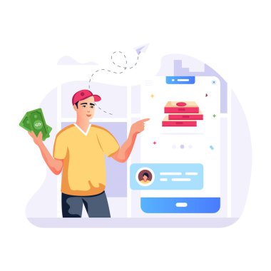 Akıllı telefonu ve kredi kartı vektör çizimi olan bir adam