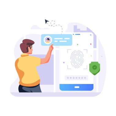 Akıllı telefon ve parmak izi vektör çizimine sahip bir adam.