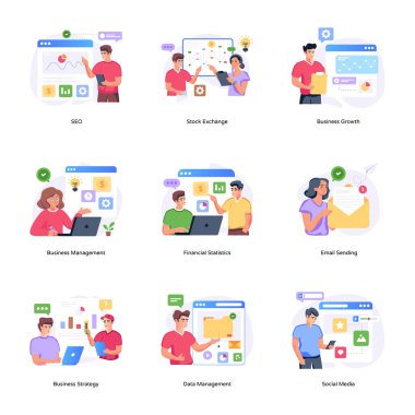 Çevrimiçi iletişimin vektör düz simgeleri kümesi.
