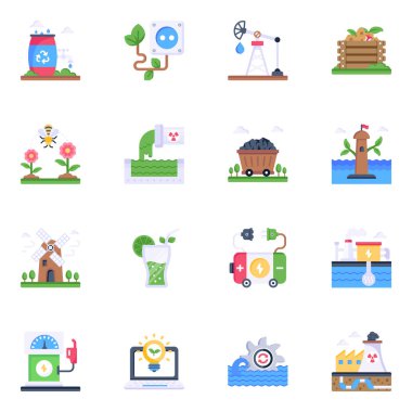 Hava, Endüstri, Geri Dönüşüm, Çevre, Enerji ve İş İşaretli Ekoloji ve Yeşil Enerji Hattı Simgeleri