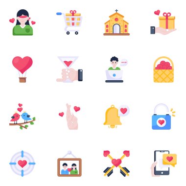 Sevgililer Günü konsepti, simgeler seti, vektör illüstrasyonu