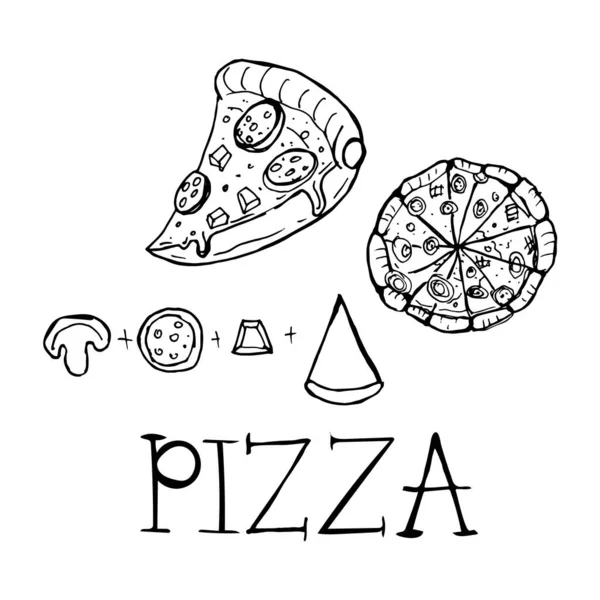 Вид сверху и кусочек вкусной итальянской пиццы. Иллюстрация Дудла. — стоковый вектор
