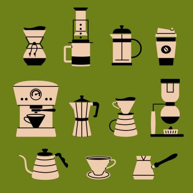 Brewing coffee methods and equipment for this. Aeropress, hario, pour over, geyser maker, french press, filter coffee, coffee machine, cup, kettle. Set for menu, coffee shop. Hand drawn vector icons