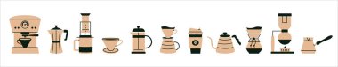 Alternatif kahve demleme yöntemleri ve aletler tırmanıyor. Kahve makinesi seti, hario, çatal bıçak, fransız presi, moka, bardak, çaydanlık ikonu. Kafe, menü, kafe için elle çizilmiş izole öğeler