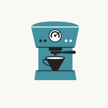 Otomatik kahve kalemi çizimi. Kahve makinesi ve bir fincan sıcak içecek izole edilmiş. Kafe, menü, dükkan için klasik öge