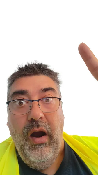 Man Beard Glasses Astonished Gesture Indicating His Finger White Copy — Stock Photo, Image