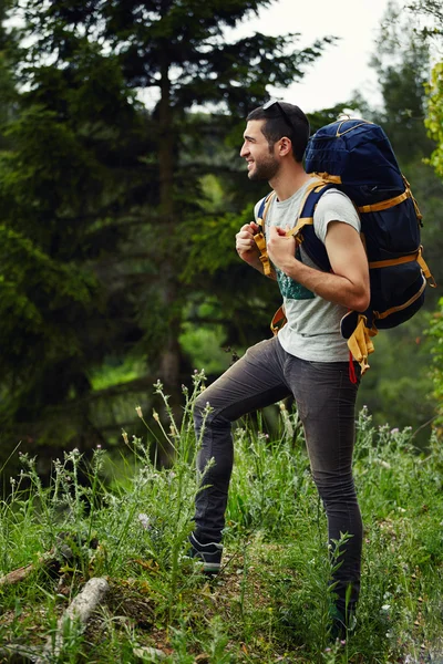 Viajero joven con mochila de pie en la pequeña colina del bosque y mirando hacia otro lado — Foto de Stock