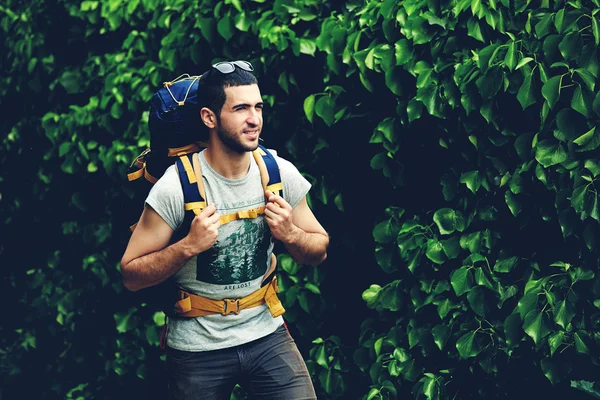 Joven viajero de pie en la pequeña colina de la montaña con tantos árboles verdes —  Fotos de Stock