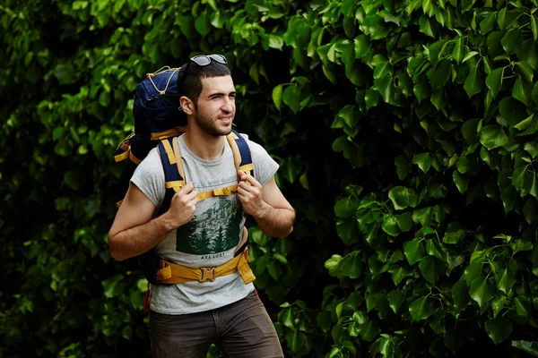 Joven viajero de pie en la pequeña colina de la montaña con tantos árboles verdes —  Fotos de Stock