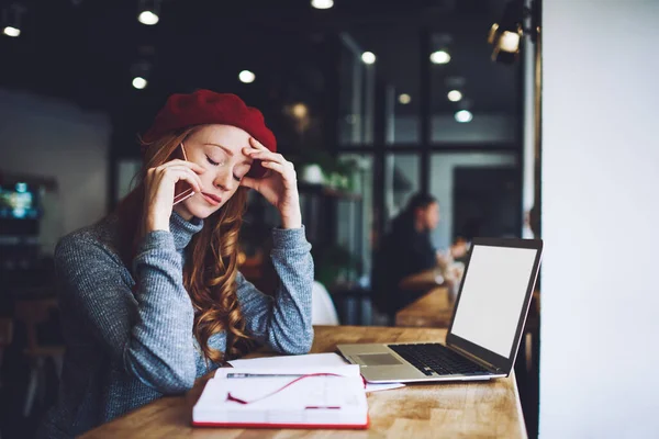 Exhausted Female Freelancer Beret Turtleneck Headache Working Project Talking Phone — Stock Photo, Image