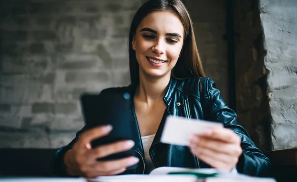 Cheerful Female Checking Contact White Business Card Dialing Number Modern — Stock Photo, Image