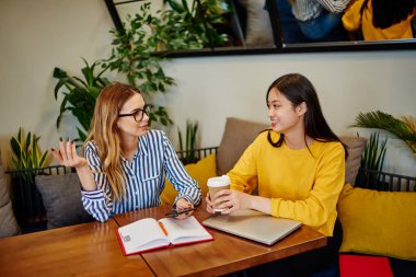 Neşeli çok ırklı öğrenciler ellerinde dizüstü bilgisayarlarıyla masada oturuyor ve gündüz kafede projenin detaylarını tartışıyorlar.