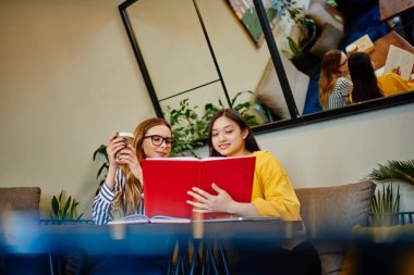 Günlük kıyafetlerle gülümseyen bayan öğrenciler kafede masada oturuyor ve sınav için hazırlanırken ders kitabında notlar okuyorlar.
