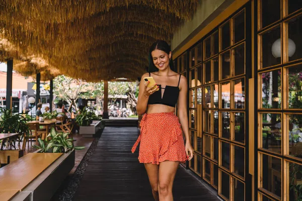 Gorgeous Young Female Mini Skirt Walking Exotic Resort Terrace Using — Stock Photo, Image