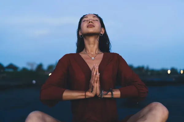 Satisfied Asian Woman Dress Closed Eyes Practicing Meditation Enjoying Yoga — Stock Photo, Image