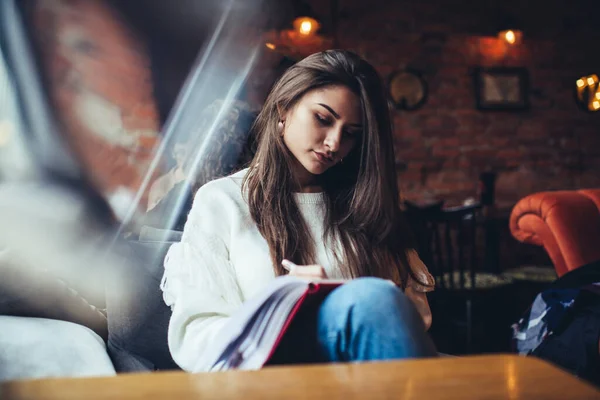 Sakin Bayan Öğrenci Uzun Saçlı Günlük Kıyafetlerle Kafede Oturuyor Ödev — Stok fotoğraf