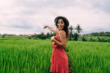 Gökyüzü bulutluyken Bali 'nin kırsalındaki yeşil otlağı ziyaret ederken ufku gösteren canlı kırmızı elbiseli mutlu genç bayanın yan görüntüsü