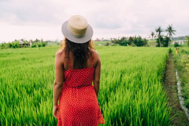 Hasır şapkalı ve elbiseli, yeşil tarlanın kenarında duran ve bulutlu bir günde yaz doğasının tadını çıkaran anonim kadının arka planı.