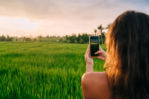 Bakåt Bild Kvinnliga Bloggare Med Hjälp Cellulära Teknik För Fotografering — Stockfoto