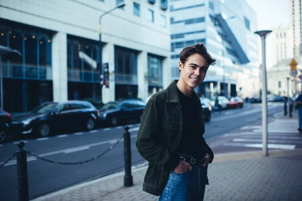 Young Happy Male Toothy Smile Hands Pockets Looking Camera While — Stock Photo, Image