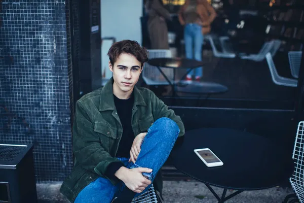 Pensive Male Casual Clothes Looking Camera Sitting Street Cafeteria Comfortable — Stock Photo, Image