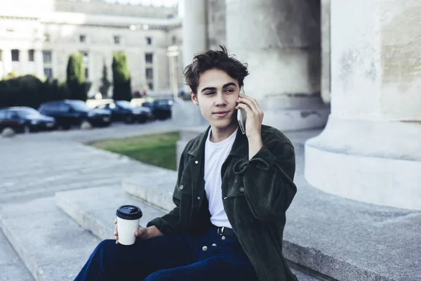 Young Pensive Male Casual Clothes Looking Away While Sitting Street — Stock Photo, Image