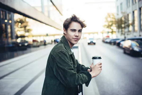 Cheerful Male Flying Hair Looking Camera While Standing Paved Sidewalk — Stock Photo, Image