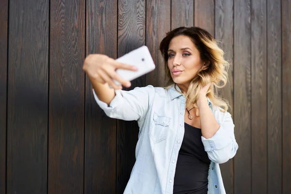 Attractive Millennial Hipster Girl Clicking Selfie Photos Smartphone Web Camera — Stock Photo, Image