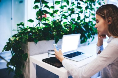 Günümüz hafif kafeteryasında dizüstü bilgisayarlı, organizatörlü ve akıllı telefonlara bakan genç bir kadının arka plan görüntüsü.