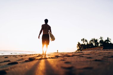 Yaz deniz kıyısında sörf tahtası ile günbatımı hobisi için gezen sportif bir adamın arka görüntüsü, aktif erkek sörfçü Dominicana Cumhuriyeti 'nde yakalama dalgası için seyahat tatilinin keyfini çıkarıyor.