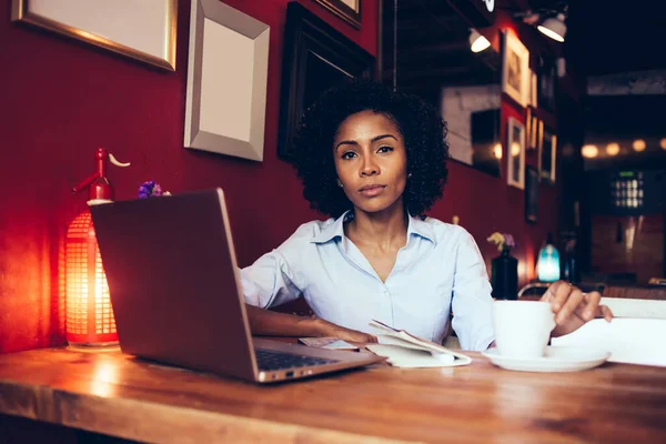 Junge Schwarze Frau Mit Lockigem Haar Mit Laptop Während Sie — Stockfoto