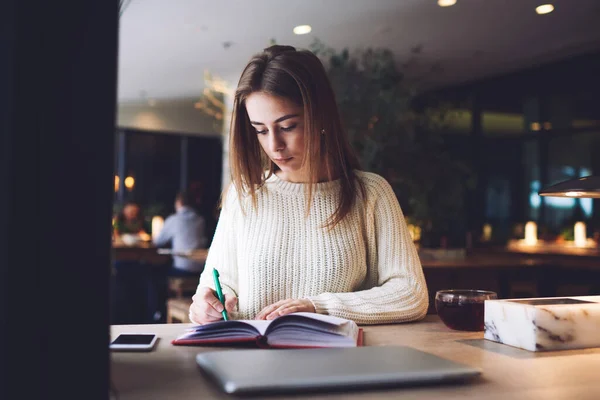 Pensive Woman Entrepreneur Light Sweater Sitting Table Cup Drink Laptop — Stock Photo, Image