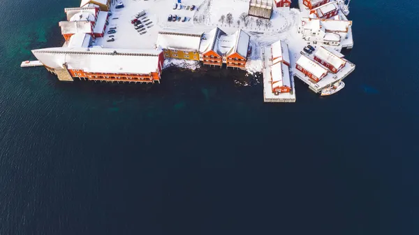 Lélegzetelállító Kilátás Madártávlatból Lofoten Halászfalu Vörös Hagyományos Norvég Házak Légi — Stock Fotó