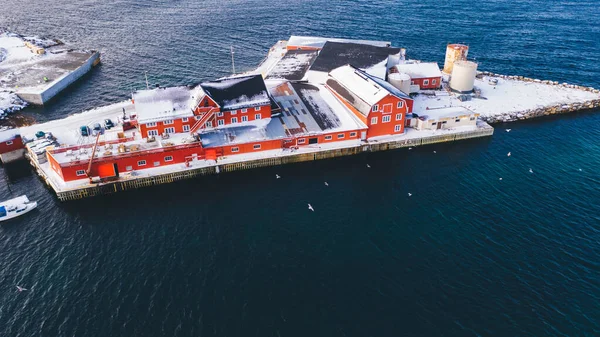 Vue Couper Souffle Ferme Pêche Norvégienne Avec Façade Bois Rouge — Photo